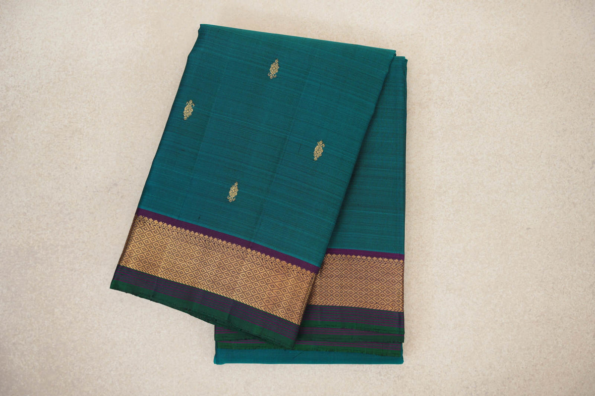 Peacock Green with Dark Purple with Dark Bottle Green Selvedge Borders Vintage Kanjivaram Silk Saree