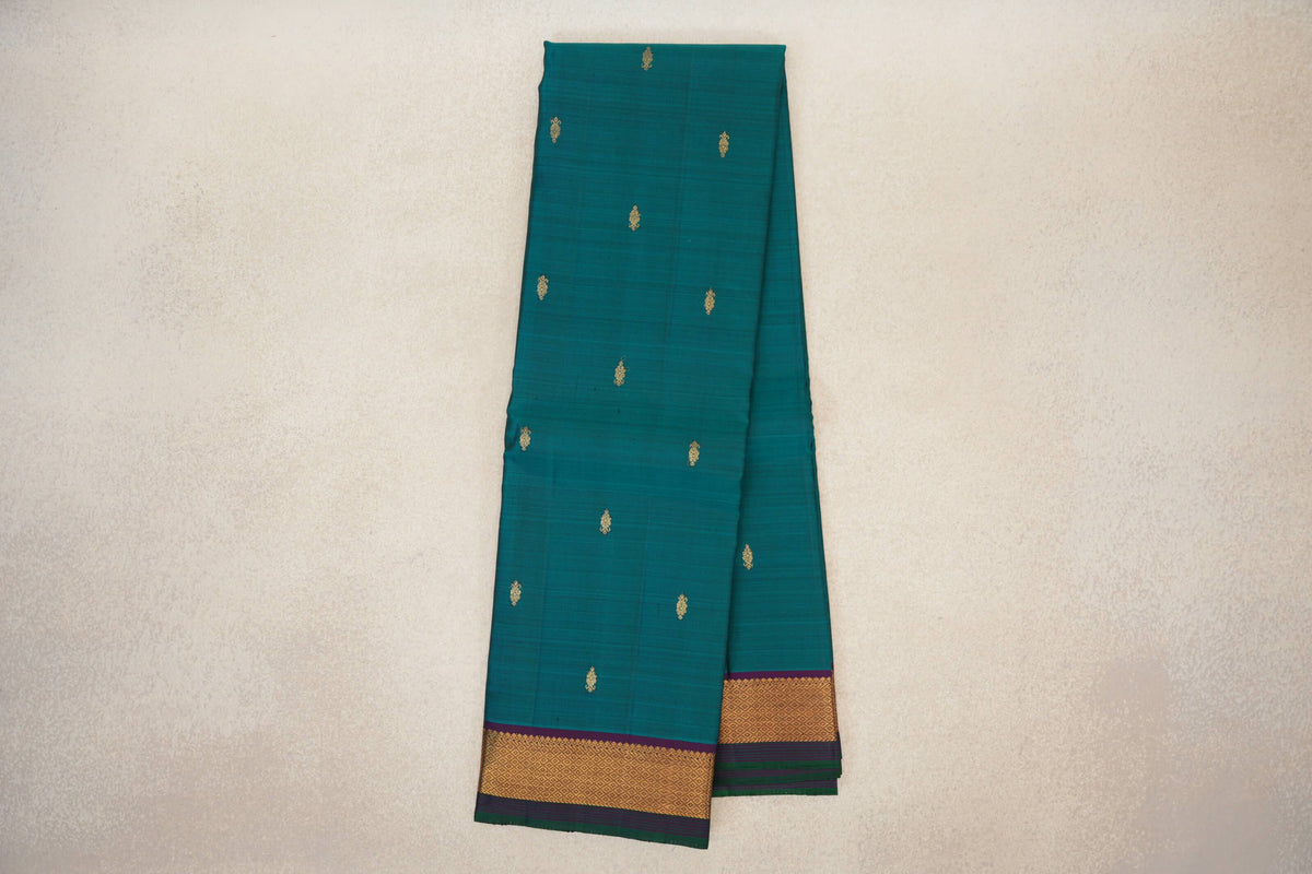Online Peacock Green with Dark Purple with Dark Bottle Green Selvedge Borders Vintage Kanjivaram Silk Saree