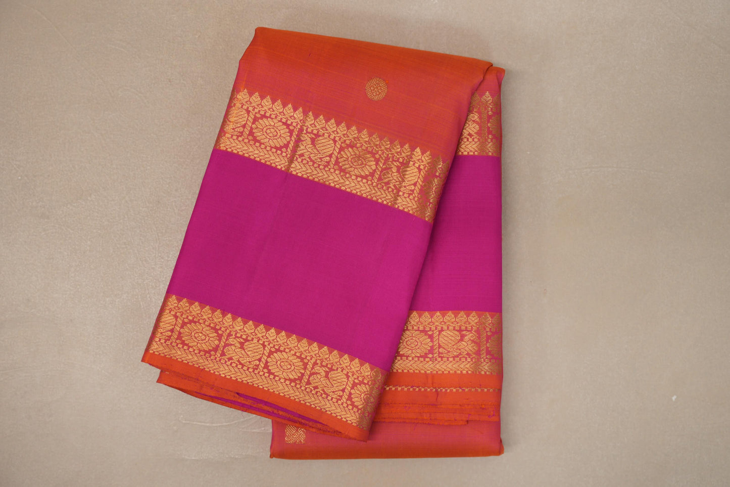 Dual Tone of Pink and Orange with Deep Pink Rettai Pettu Borders Vintage Kanjivaram Silk Saree
