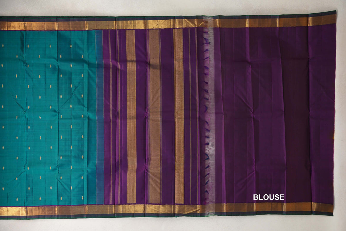 Peacock Green with Dark Purple with Dark Bottle Green Selvedge Borders Vintage Kanjivaram Silk Saree blouse