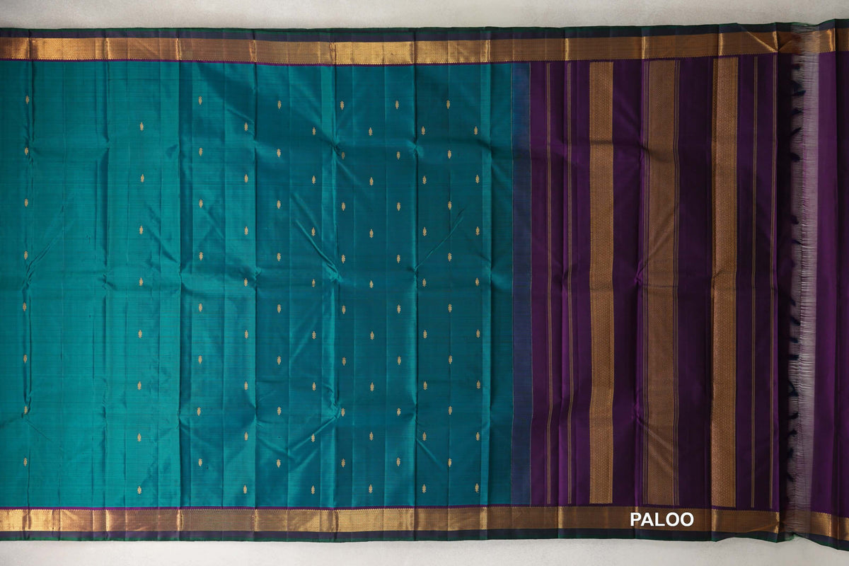 Peacock Green with Dark Purple with Dark Bottle Green Selvedge Borders Vintage Kanjivaram Silk Saree paloo