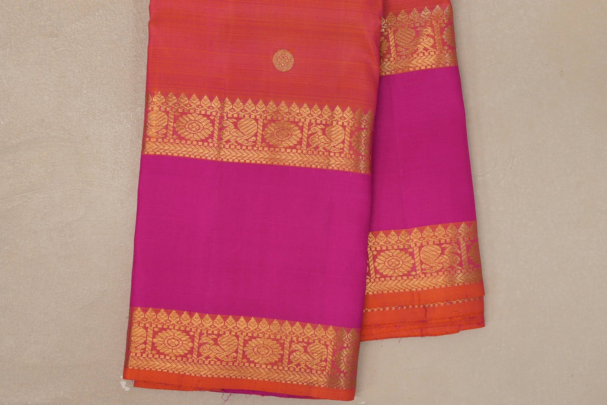 Dual Tone of Pink and Orange Vintage Kanjivaram Silk Saree rettai pettu borders