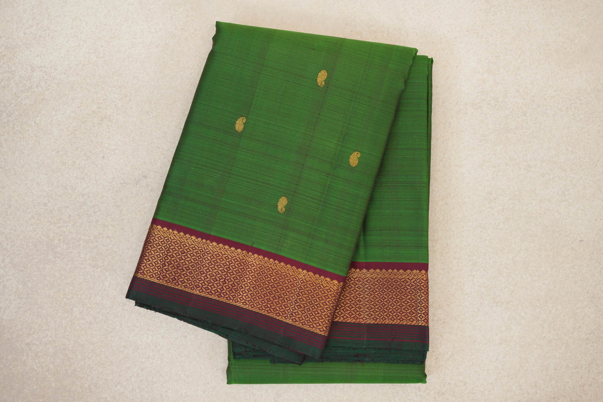 Leaf Green with Deep Maroon with Bottle Green Selvedge Borders Vintage Kanjivaram Silk Saree