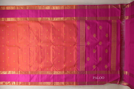 Dual Tone of Pink and Orange with Deep Pink Rettai Pettu Borders Vintage Kanjivaram Silk Saree paloo