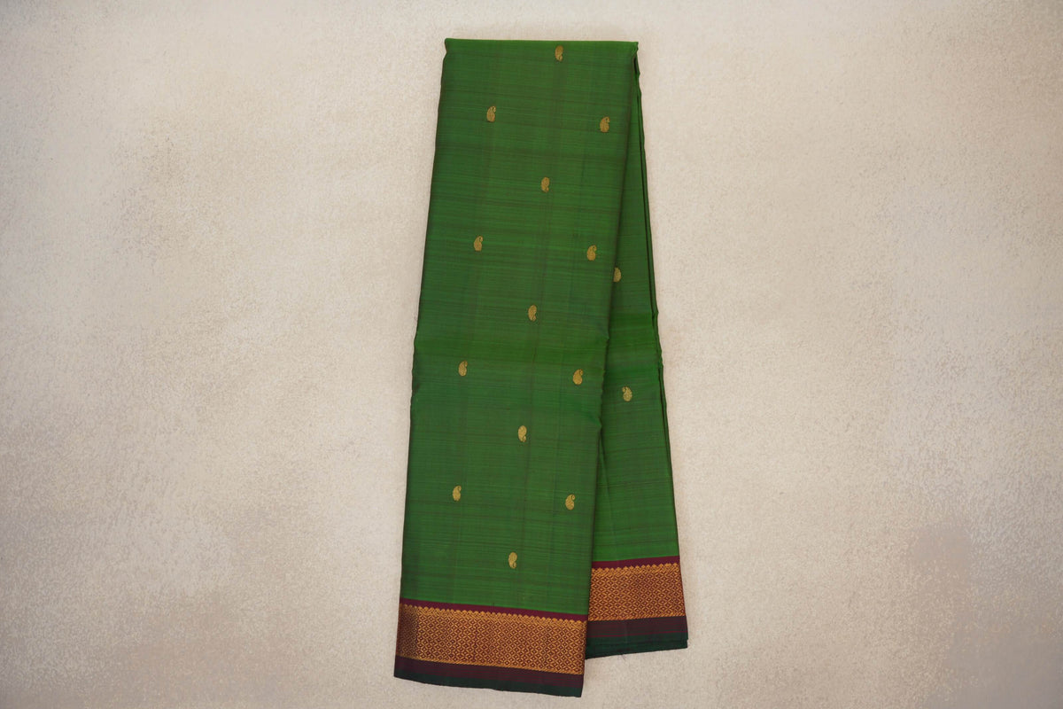 Online Leaf Green with Deep Maroon with Bottle Green Selvedge Borders Vintage Kanjivaram Silk Saree