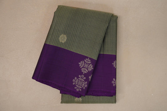Grey/ Olive Green with Violet Borders Vintage Kanjivaram Silk Saree