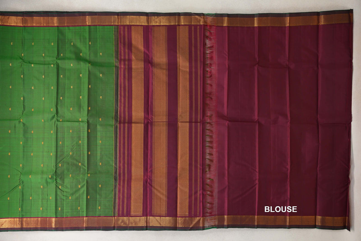 Leaf Green with Deep Maroon with Bottle Green Selvedge Borders Vintage Kanjivaram Silk Saree blouse