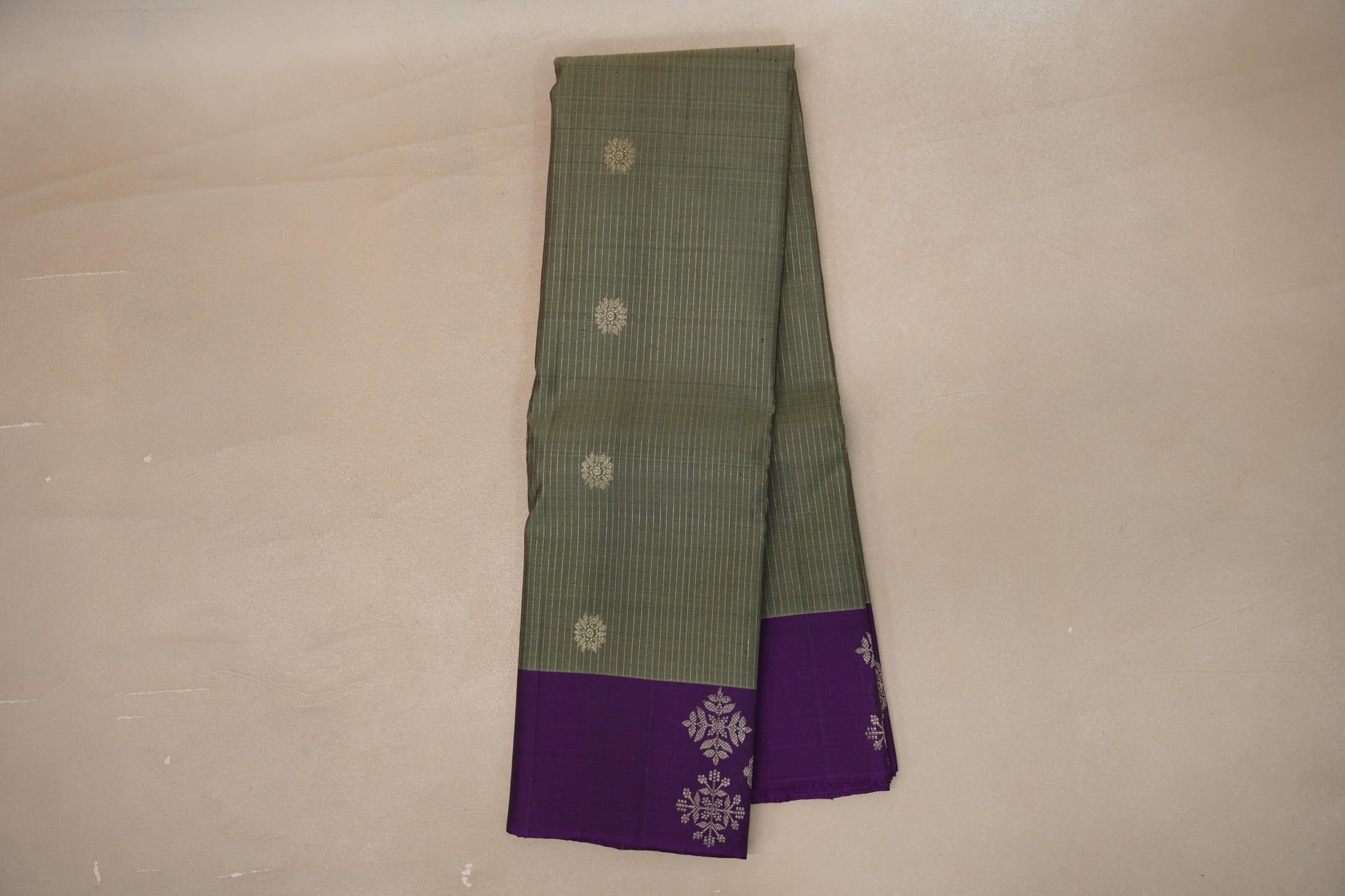 Online Grey/ Olive Green with Violet Borders Vintage Kanjivaram Silk Saree