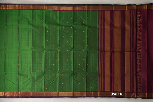 Leaf Green with Deep Maroon with Bottle Green Selvedge Borders Vintage Kanjivaram Silk Saree paloo