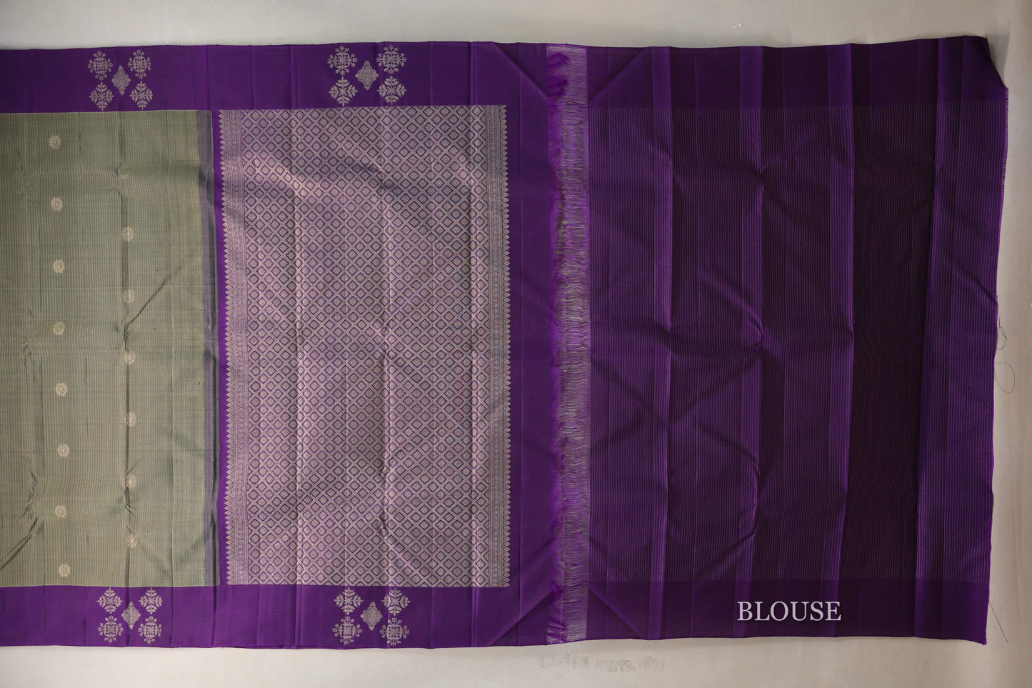 Grey/ Olive Green with Violet Borders Vintage Kanjivaram Silk Saree blouse