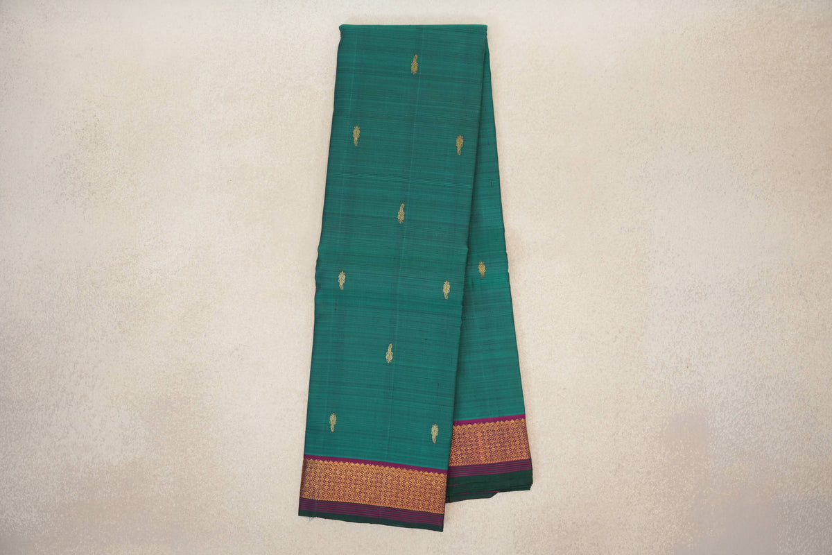 Online Peacock Green with Dark Purple with Dark Bottle Green Selvedge Borders Vintage Kanjivaram Silk Saree