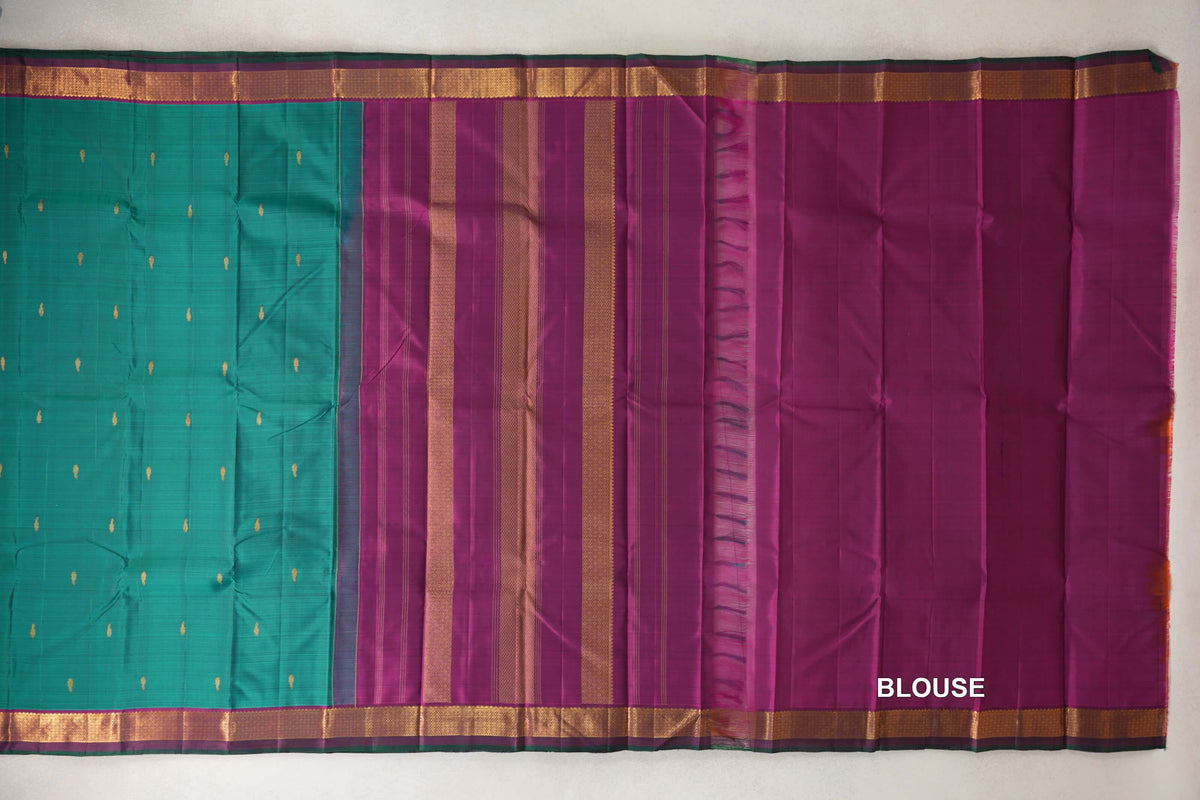Peacock Green with Dark Purple with Dark Bottle Green Selvedge Borders Vintage Kanjivaram Silk Saree blouse