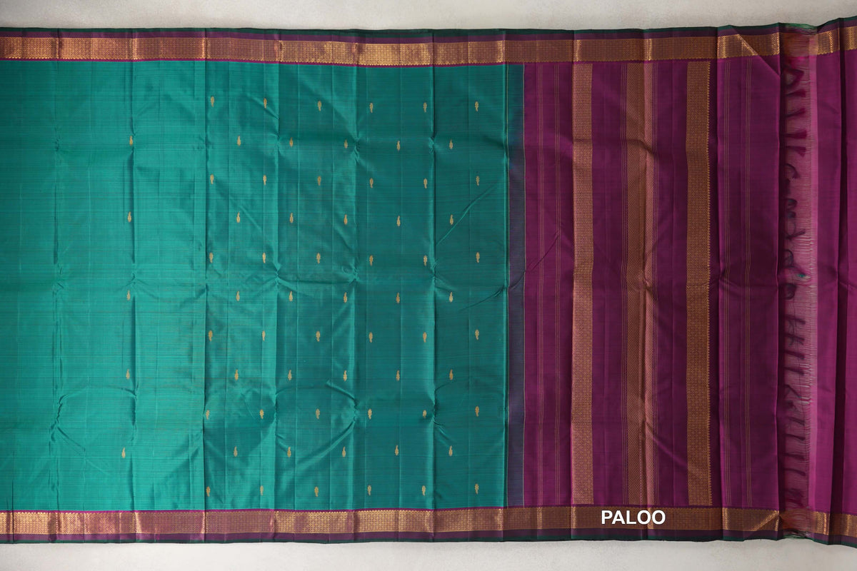 Peacock Green with Dark Purple with Dark Bottle Green Selvedge Borders Vintage Kanjivaram Silk Saree paloo