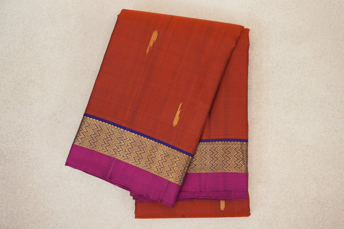 Rust with Deep Royal Blue with Magenta Selvedge Borders Vintage Kanjivaram Silk Saree