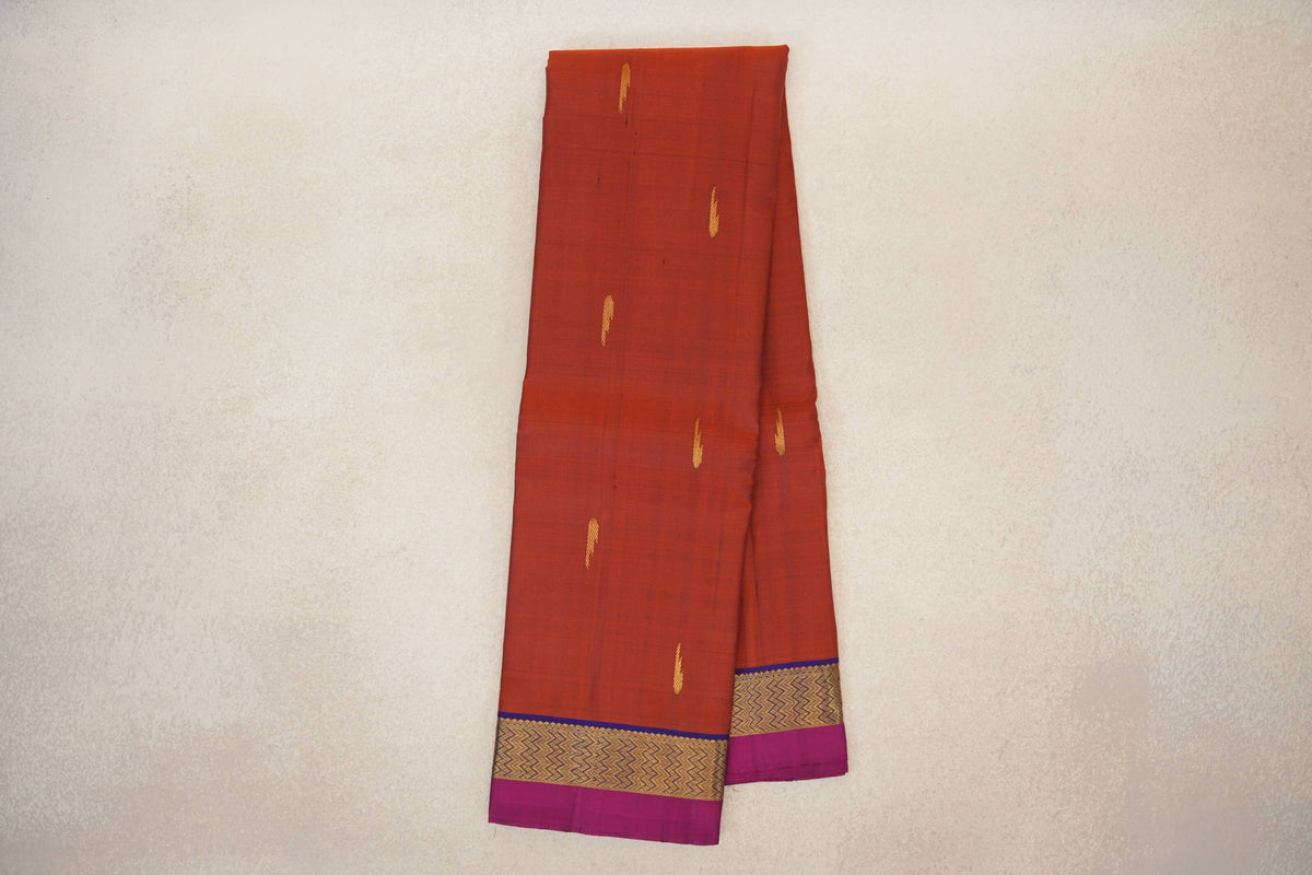 Online Rust with Deep Royal Blue with Magenta Selvedge Borders Vintage Kanjivaram Silk Saree