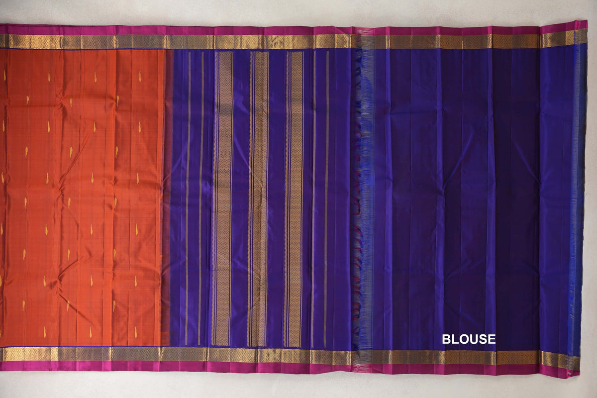 Rust with Deep Royal Blue with Magenta Selvedge Borders Vintage Kanjivaram Silk Saree blouse