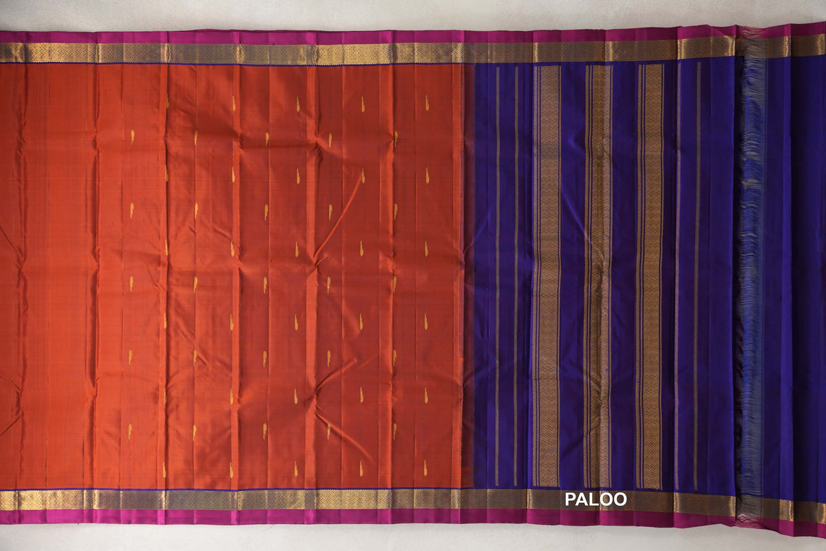 Rust with Deep Royal Blue with Magenta Selvedge Borders Vintage Kanjivaram Silk Saree paloo