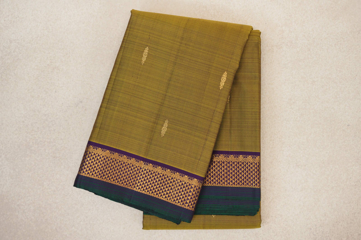 Mehendi Green with Dark Purple with Dark Bottle Green Selvedge Borders Vintage Kanjivaram Silk Saree 