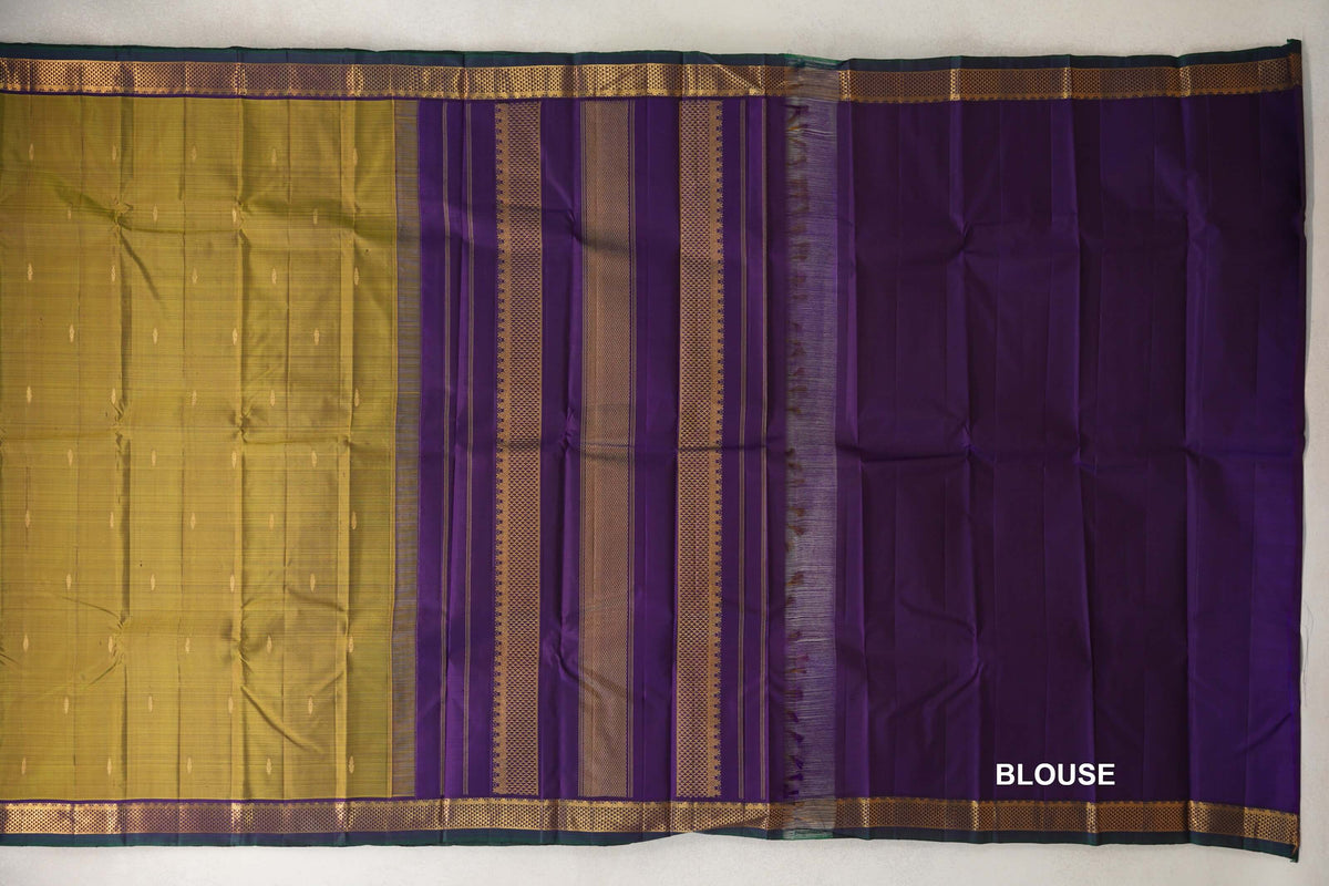 Mehendi Green with Dark Purple with Dark Bottle Green Selvedge Borders Vintage Kanjivaram Silk Saree blouse