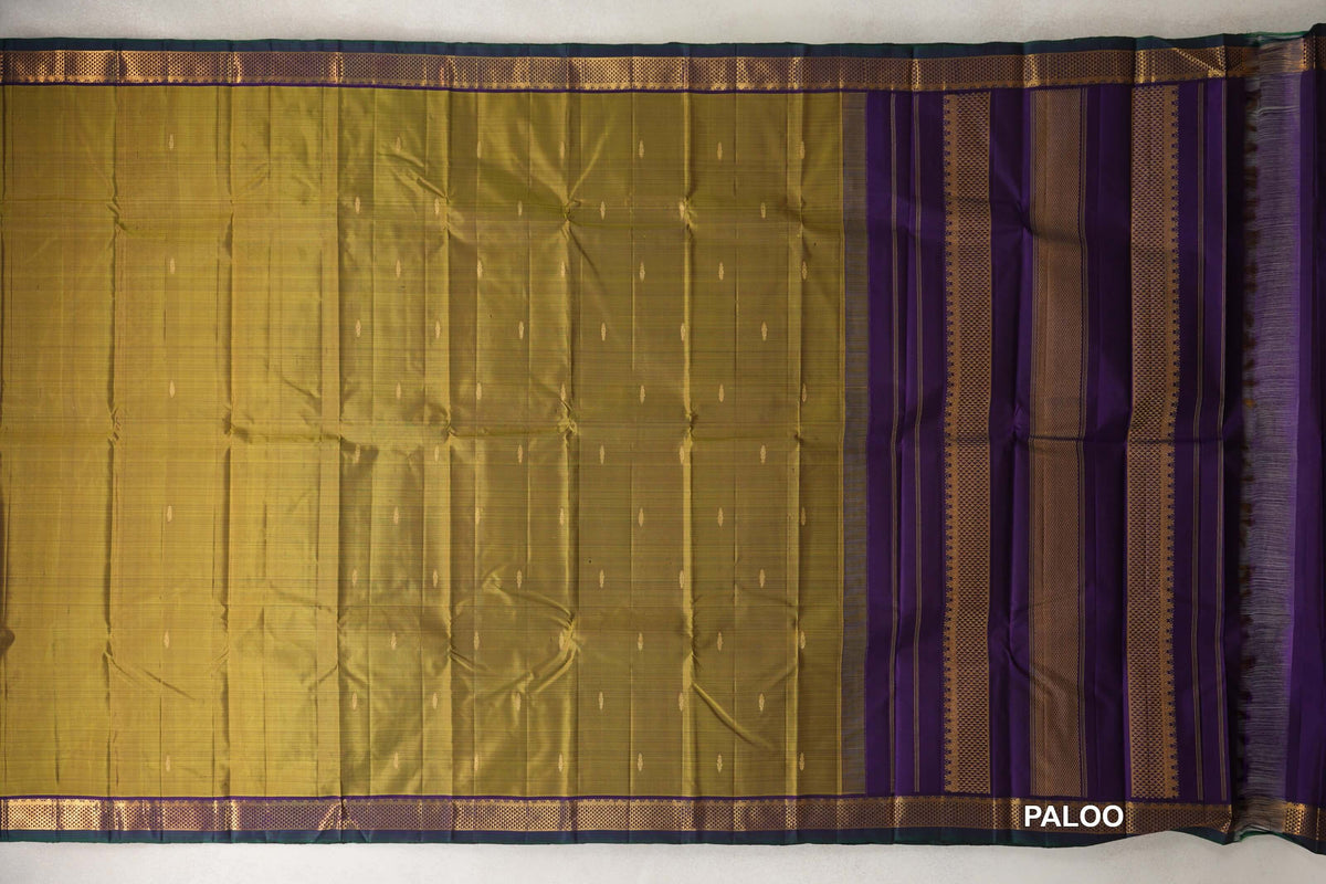 Mehendi Green with Dark Purple with Dark Bottle Green Selvedge Borders Vintage Kanjivaram Silk Saree paloo