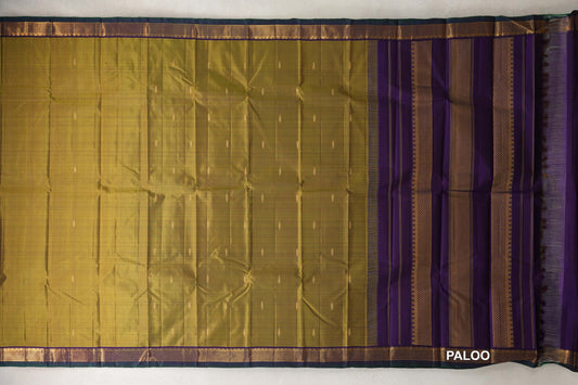 Mehendi Green with Dark Purple with Dark Bottle Green Selvedge Borders Vintage Kanjivaram Silk Saree paloo