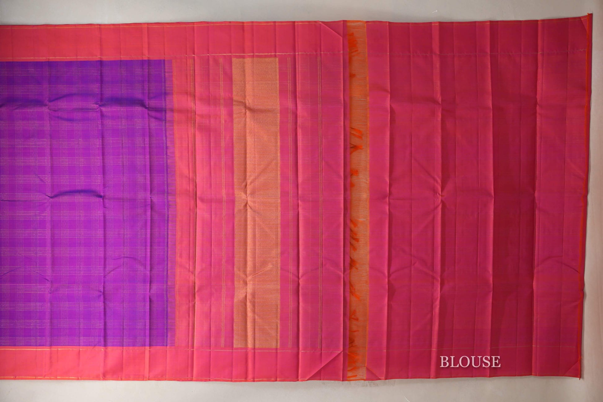 Dual Tone of Pink and Blue with Orangish Pink Borders Vintage Kanjivaram Silk Saree blouse