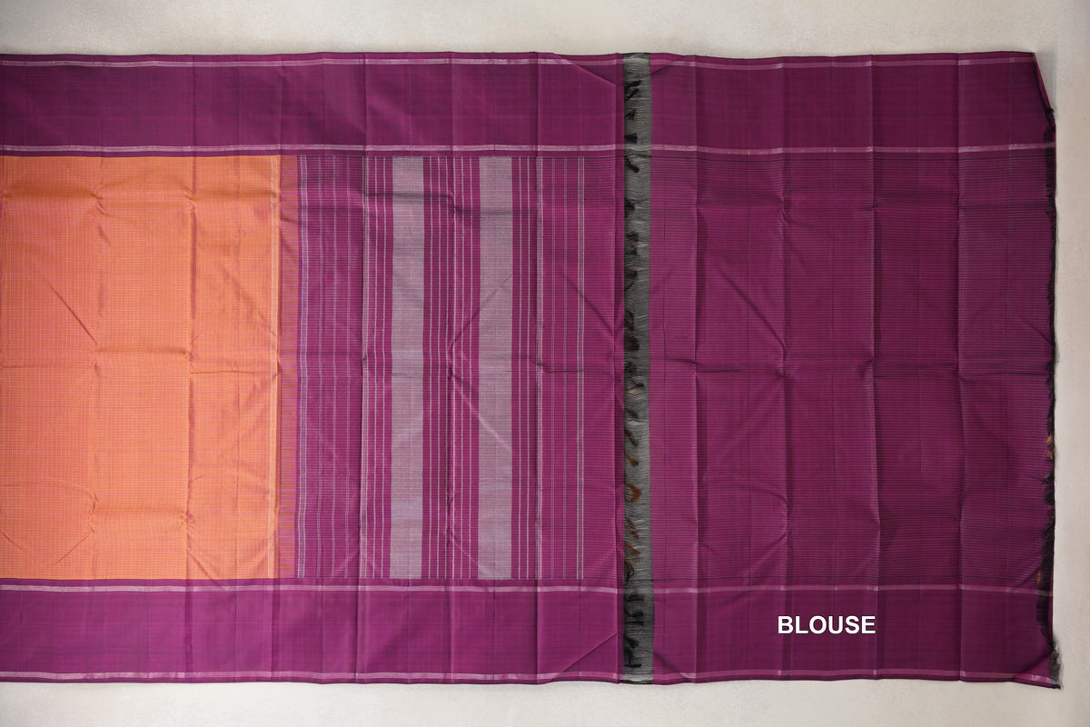 Dual Tone of Mustard Yellow and Pink with Deep Magenta Purple Borders Vintage Kanjivaram Silk Saree blouse