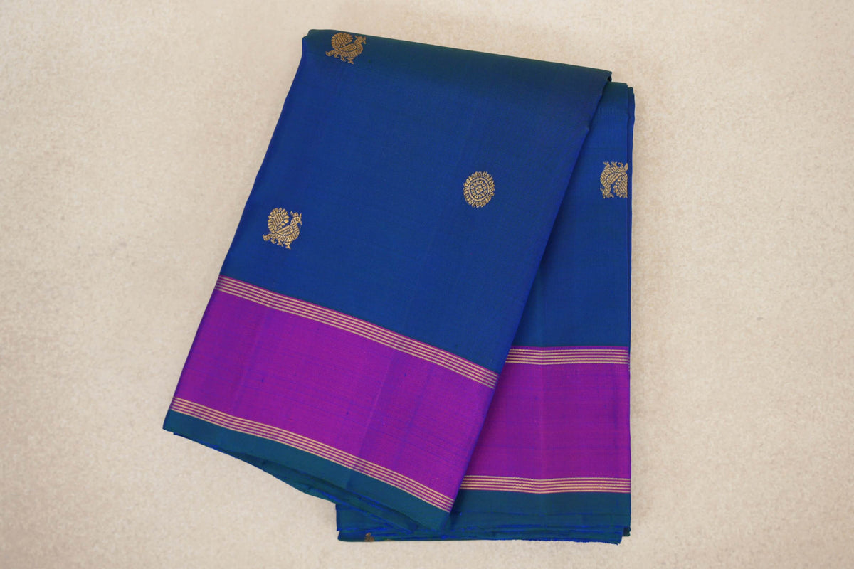 Peacock Blue with Dual Tone of Blue and Magenta Rettai Pettu Borders Vintage Kanjivaram Silk Saree