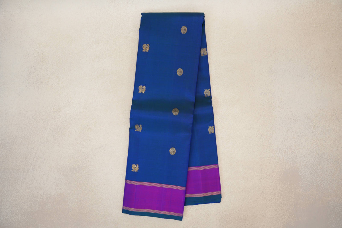 Online Peacock Blue with Dual Tone of Blue and Magenta Rettai Pettu Borders Vintage Kanjivaram Silk Saree