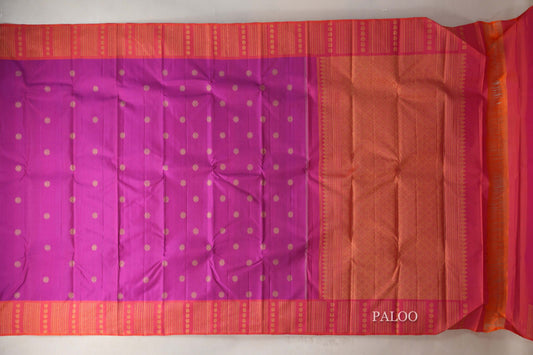 Deep Magenta with Orangish Pink Borders Vintage Kanjivaram Silk Saree paloo