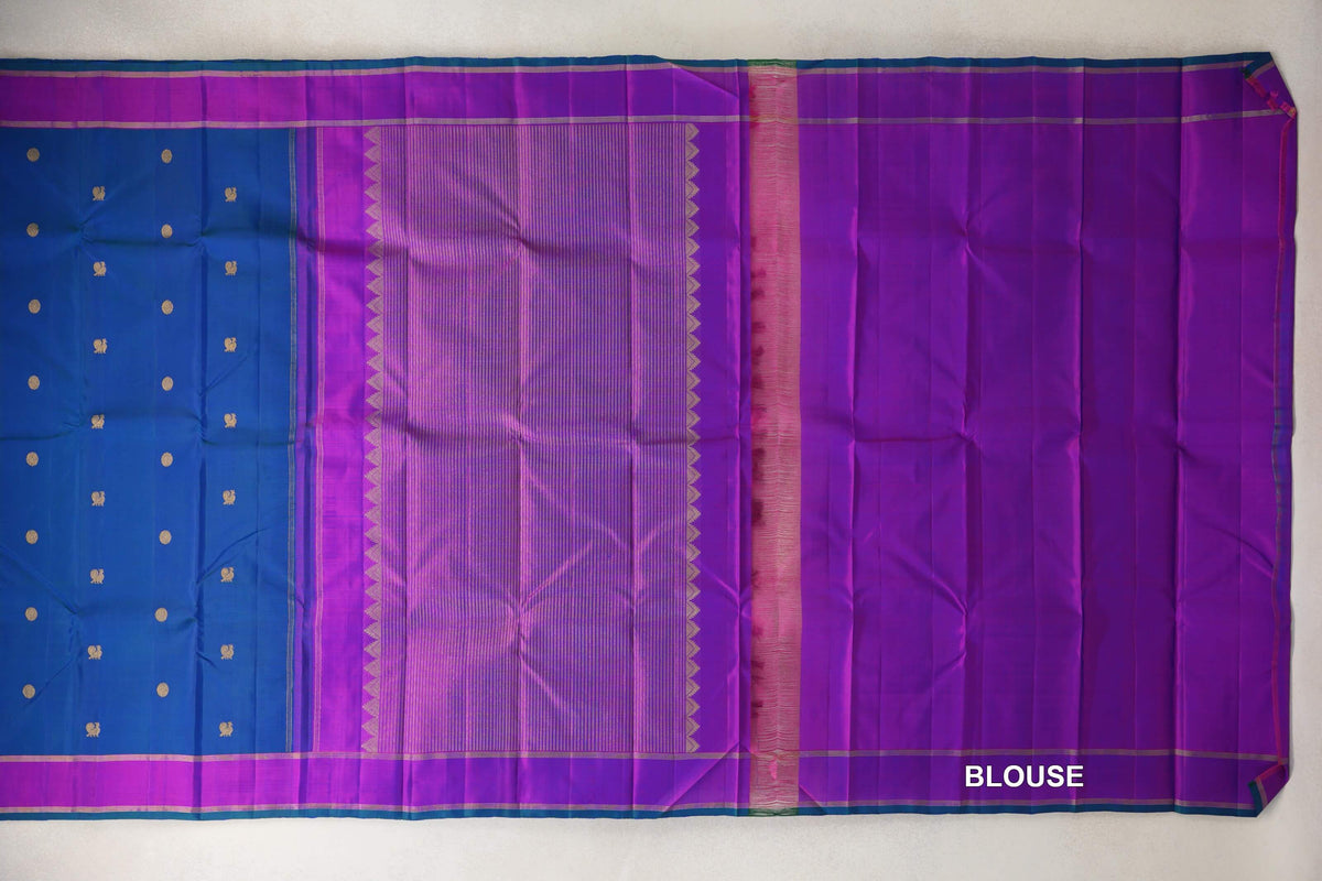 Peacock Blue with Dual Tone of Blue and Magenta Rettai Pettu Borders Vintage Kanjivaram Silk Saree blouse