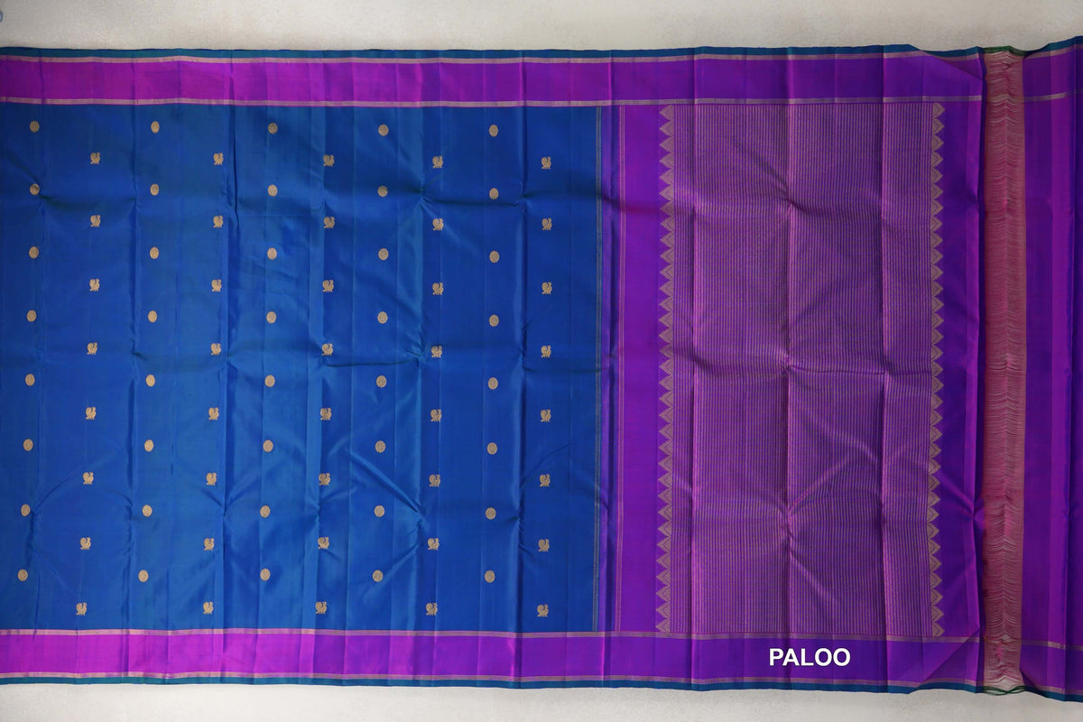 Peacock Blue with Dual Tone of Blue and Magenta Rettai Pettu Borders Vintage Kanjivaram Silk Saree paloo