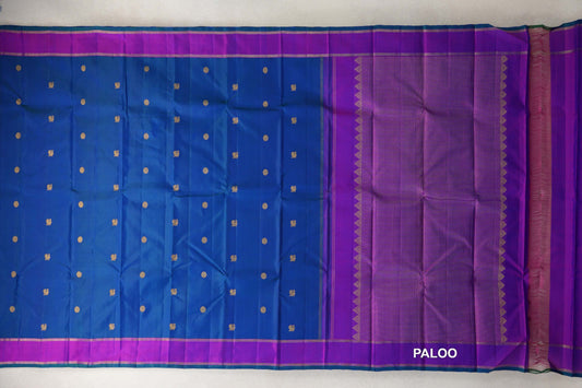 Peacock Blue with Dual Tone of Blue and Magenta Rettai Pettu Borders Vintage Kanjivaram Silk Saree paloo