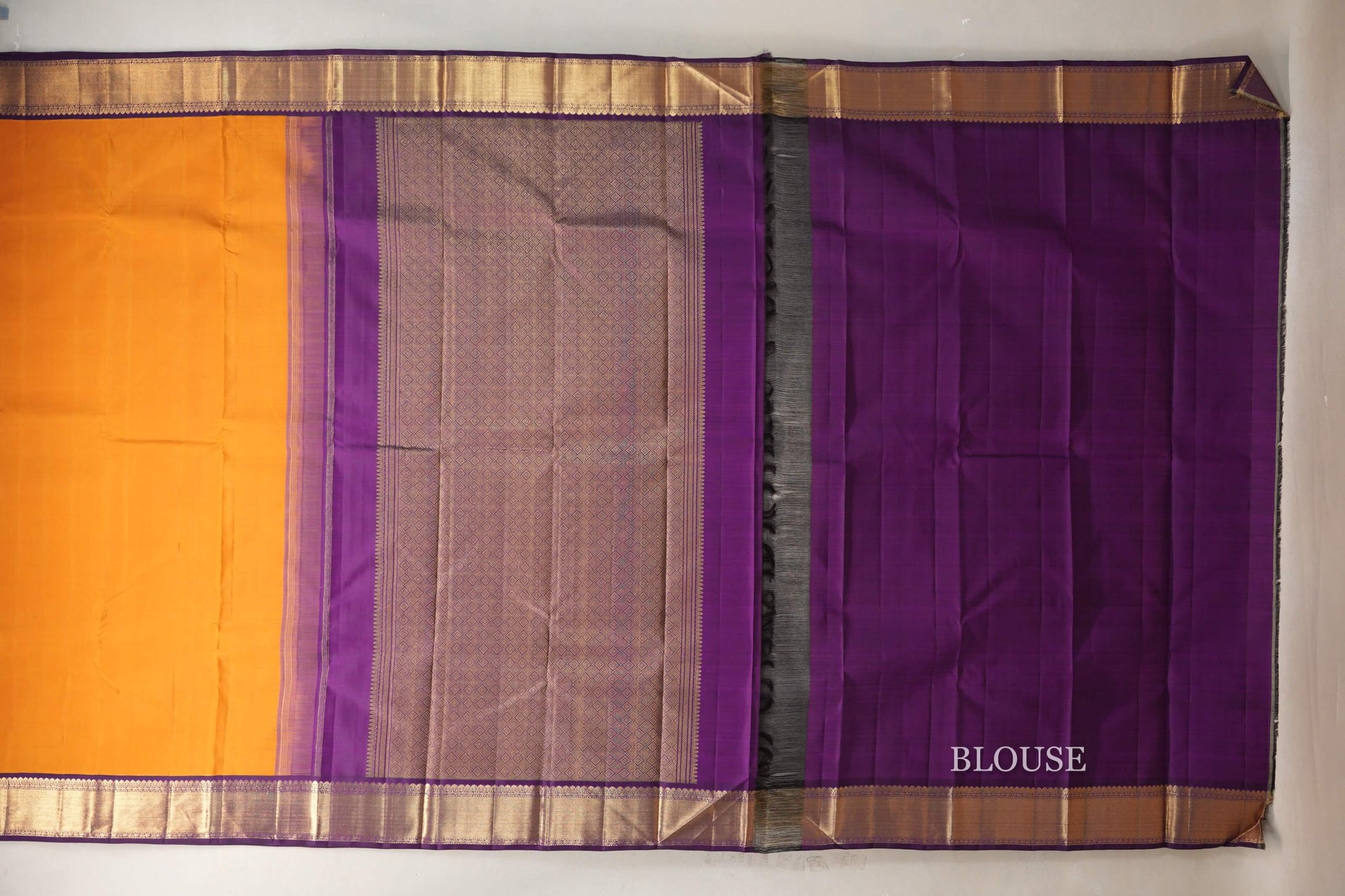 Mustard Orange with Deep Purple Borders Vintage Kanjivaram Silk Saree blouse