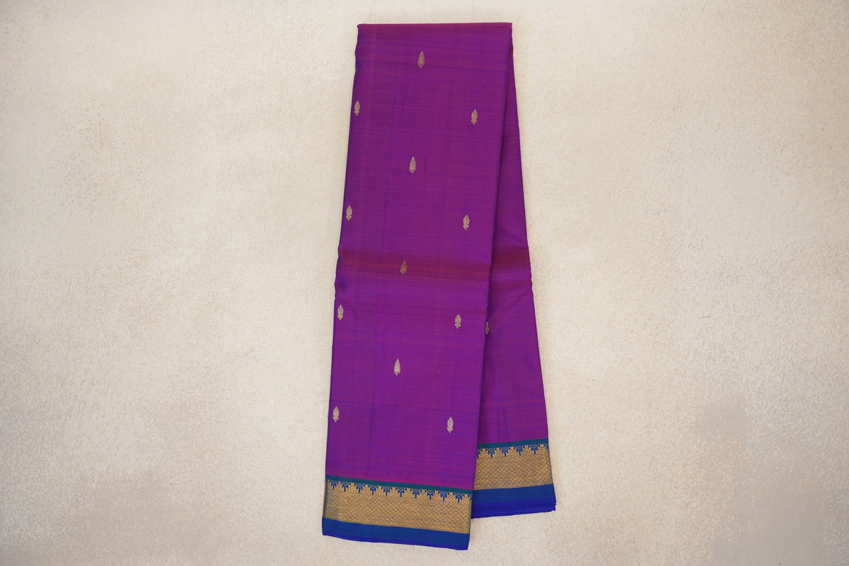 Online Dual Tone of Blue and Magenta with Peacock Green Borders Vintage Kanjivaram Silk Saree