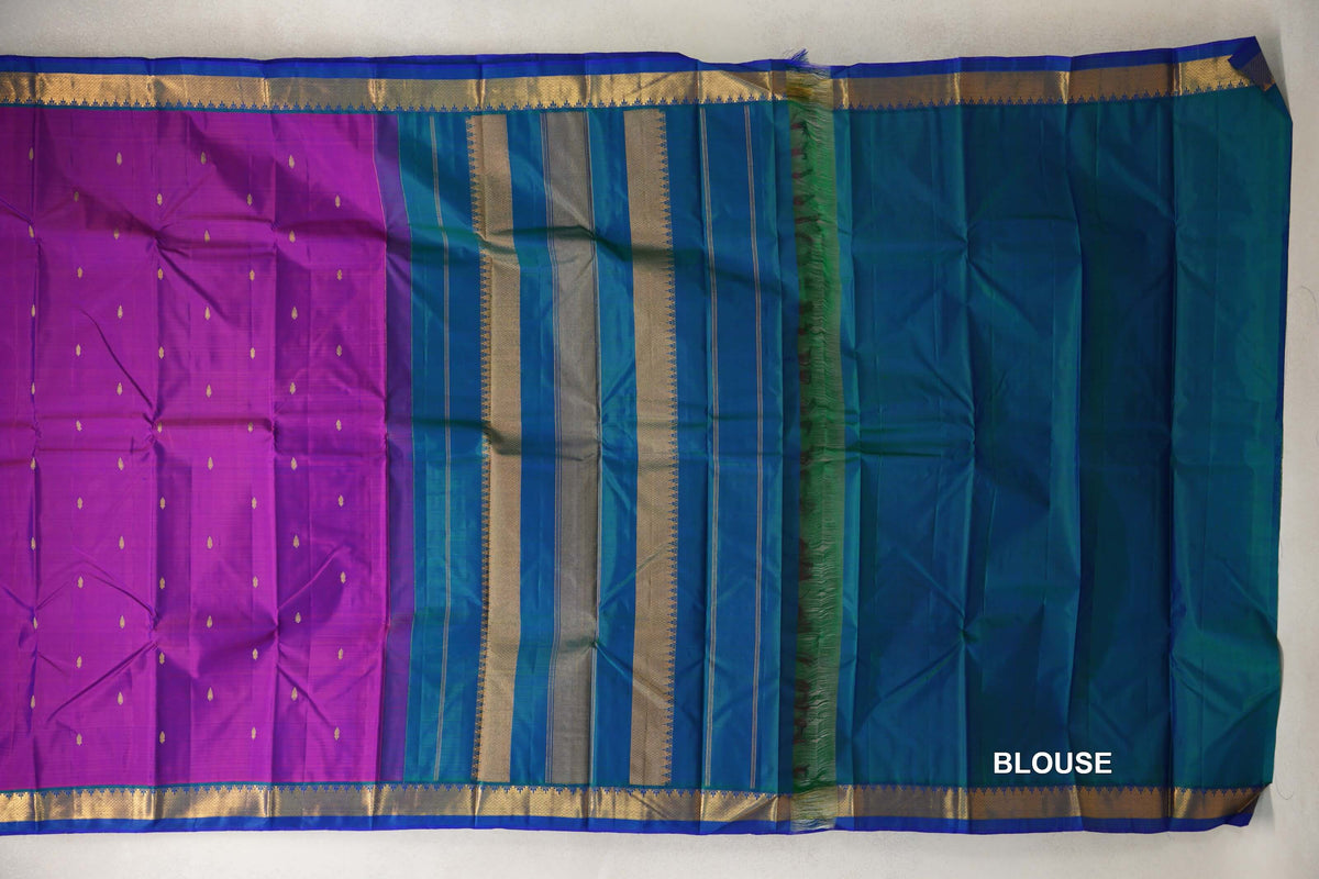 Dual Tone of Blue and Magenta with Peacock Green Borders Vintage Kanjivaram Silk Saree blouse