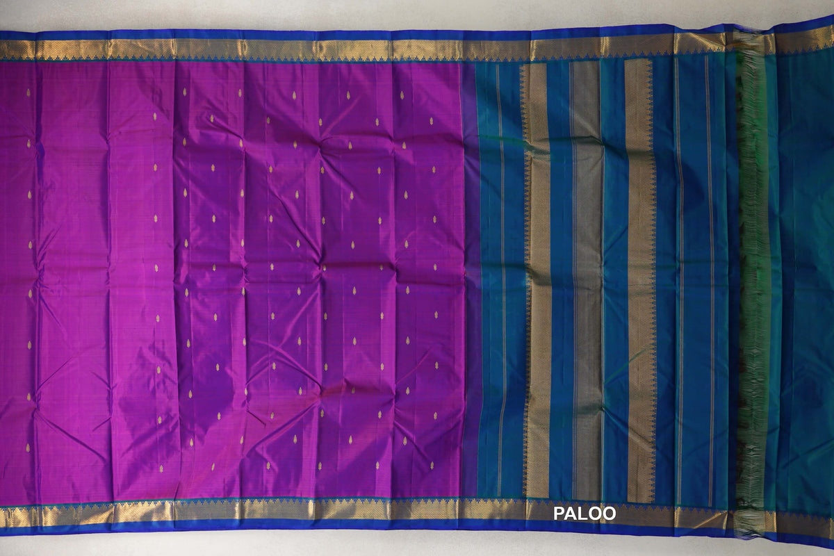 Dual Tone of Blue and Magenta with Peacock Green Borders Vintage Kanjivaram Silk Saree paloo
