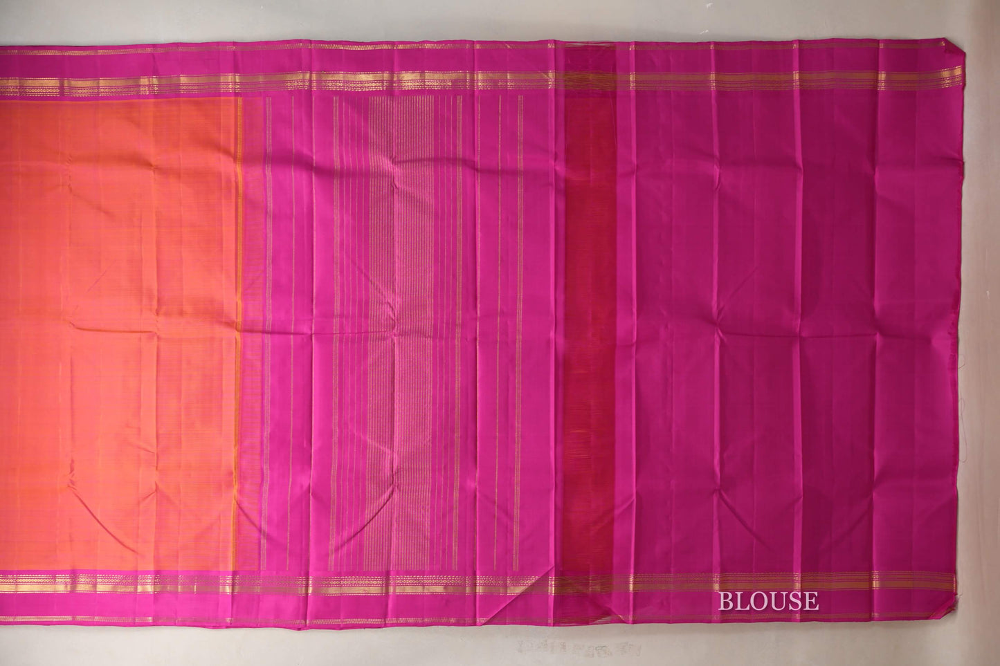 Dual Tone of Pink and Orange with Bright Pink Borders Vintage Kanjivaram Silk Saree blouse