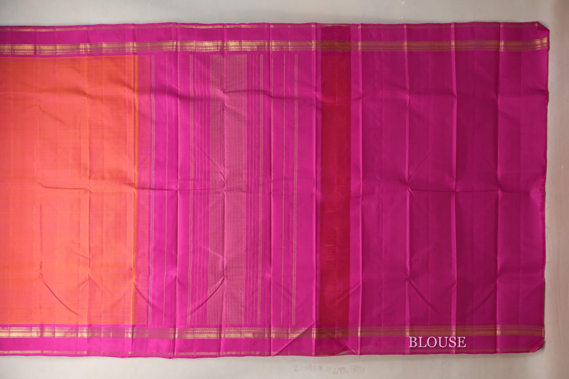 Dual Tone of Pink and Orange with Bright Pink Borders Vintage Kanjivaram Silk Saree blouse