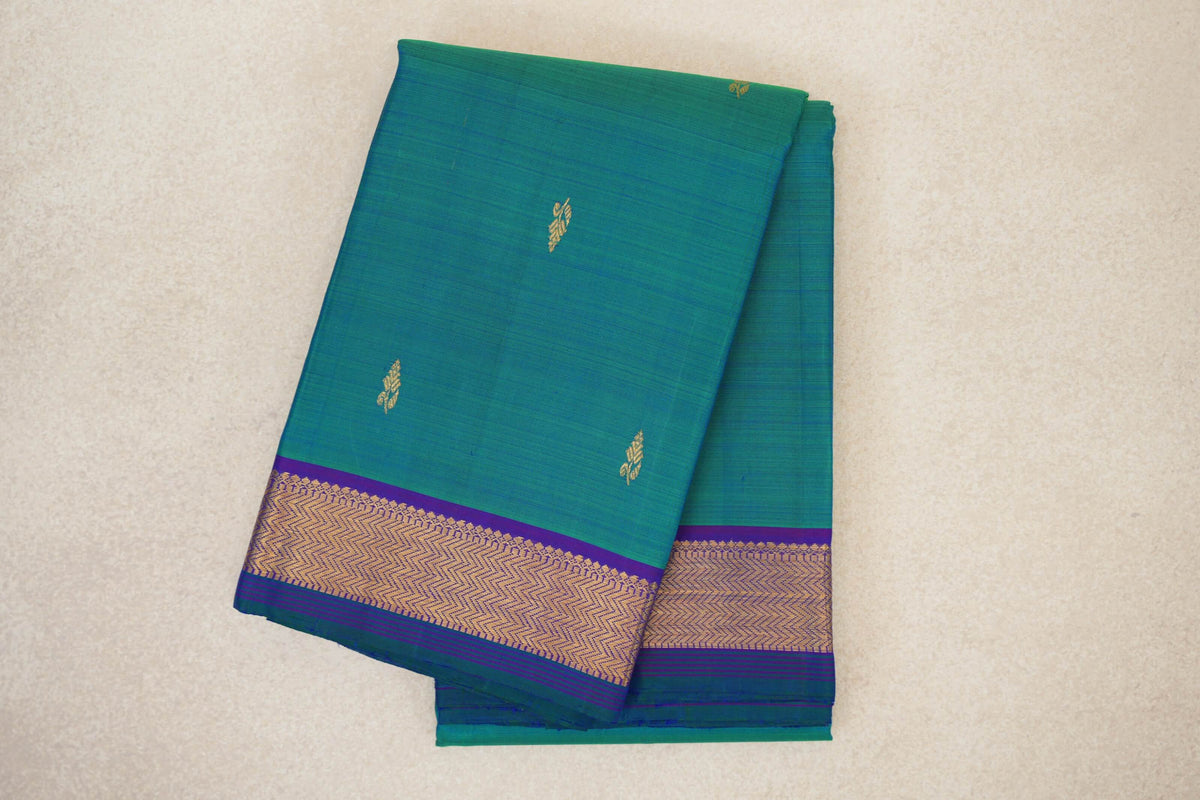 Dual Tone of Green and Blue with Violet Purple with Dark Bottle Green Selvedge Borders Vintage Kanjivaram Silk Saree