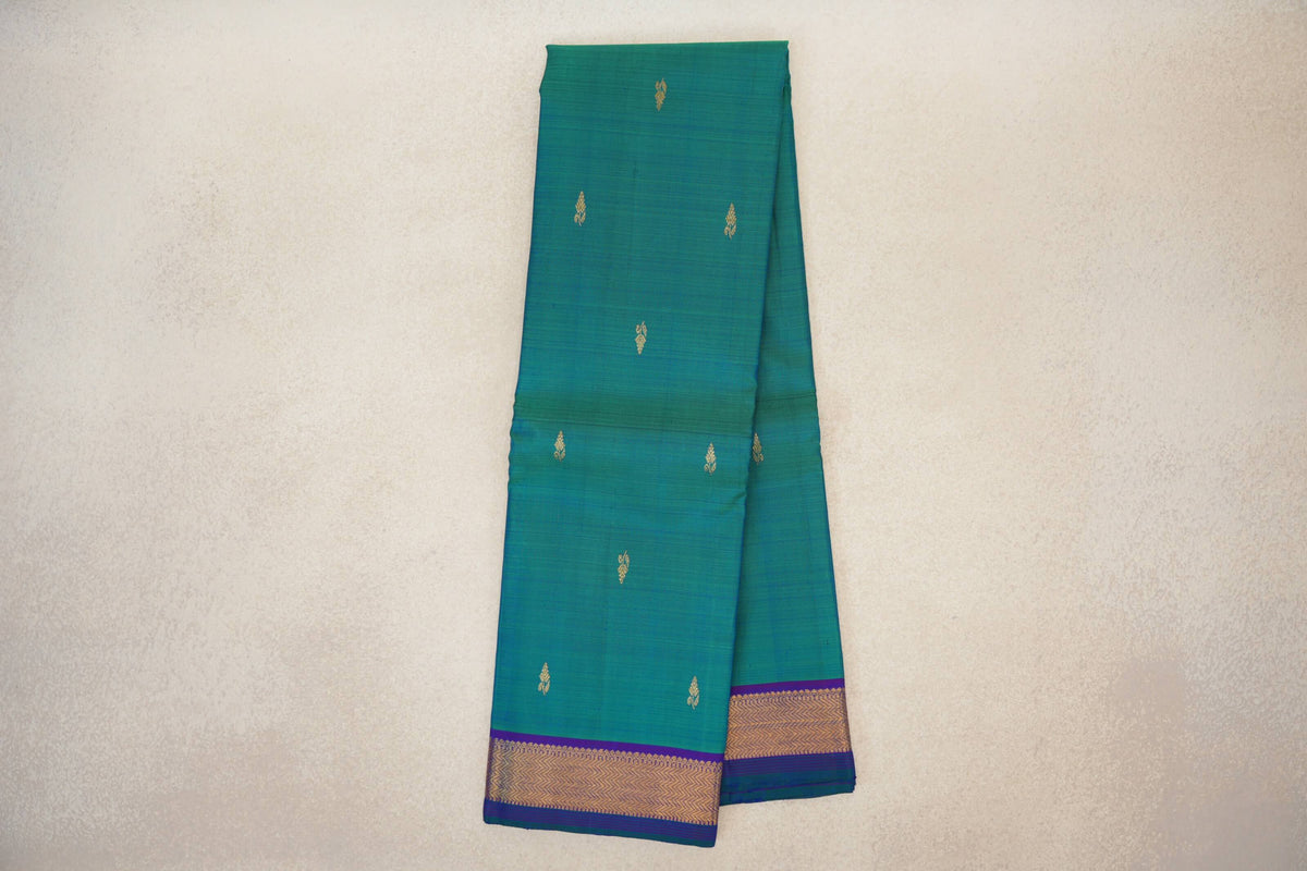 Online Dual Tone of Green and Blue with Violet Purple with Dark Bottle Green Selvedge Borders Vintage Kanjivaram Silk Saree