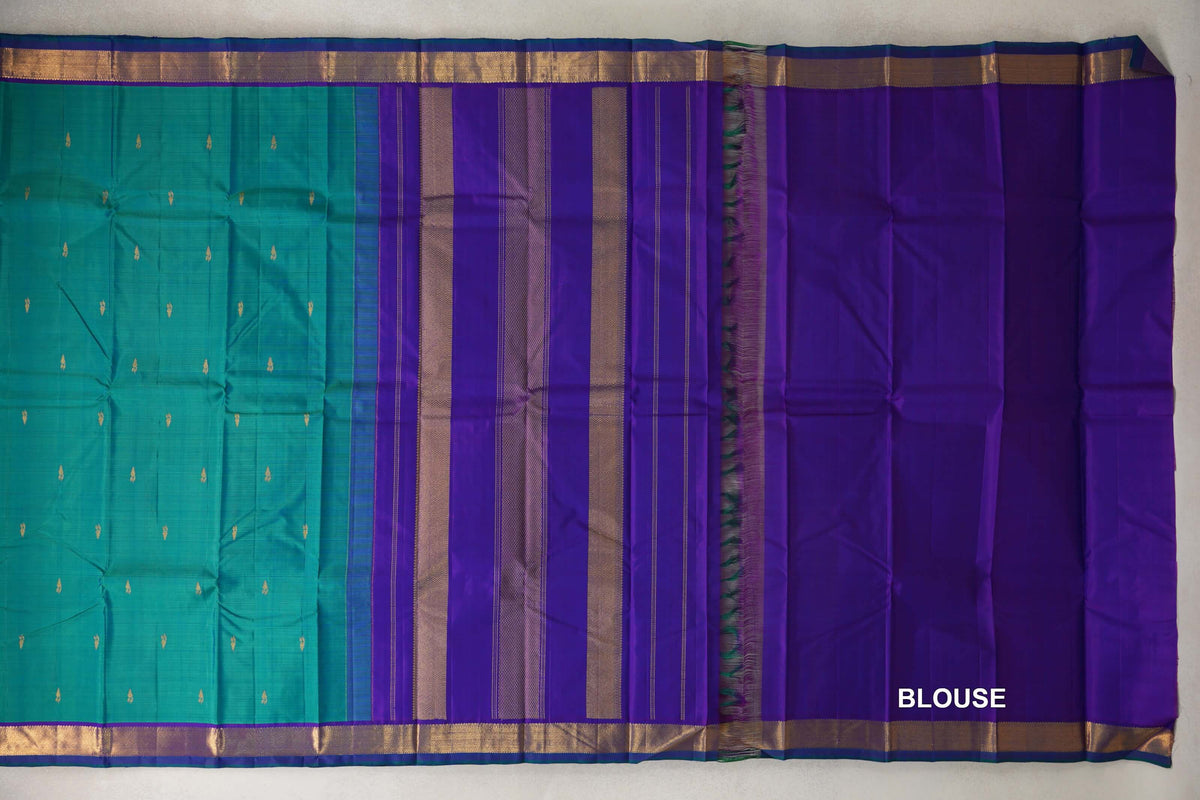 Dual Tone of Green and Blue with Violet Purple with Dark Bottle Green Selvedge Borders Vintage Kanjivaram Silk Saree blouse