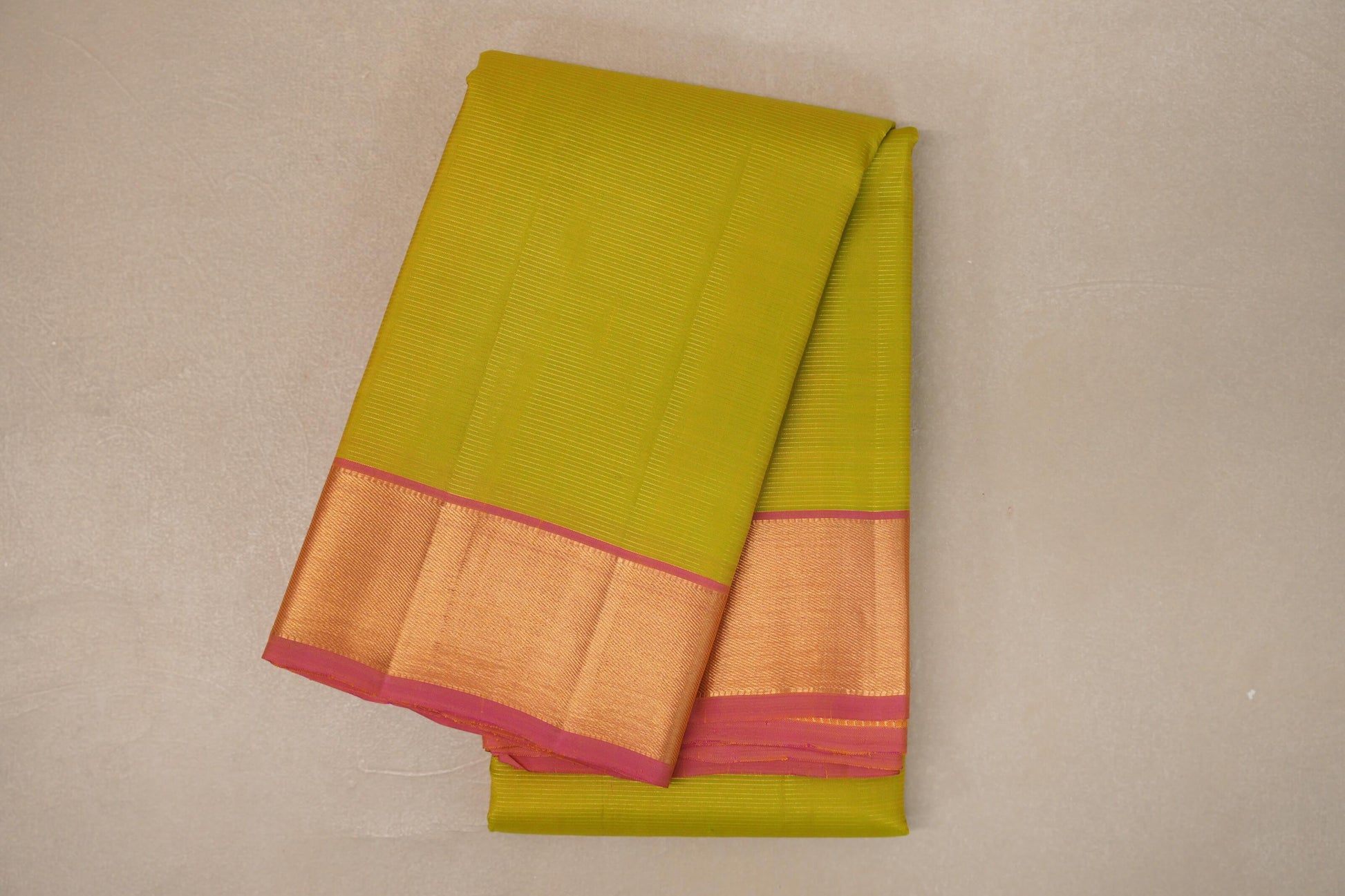 Yellowish Green with Dual Tone of Yellow and Pink Borders Vintage Kanjivaram Silk Saree