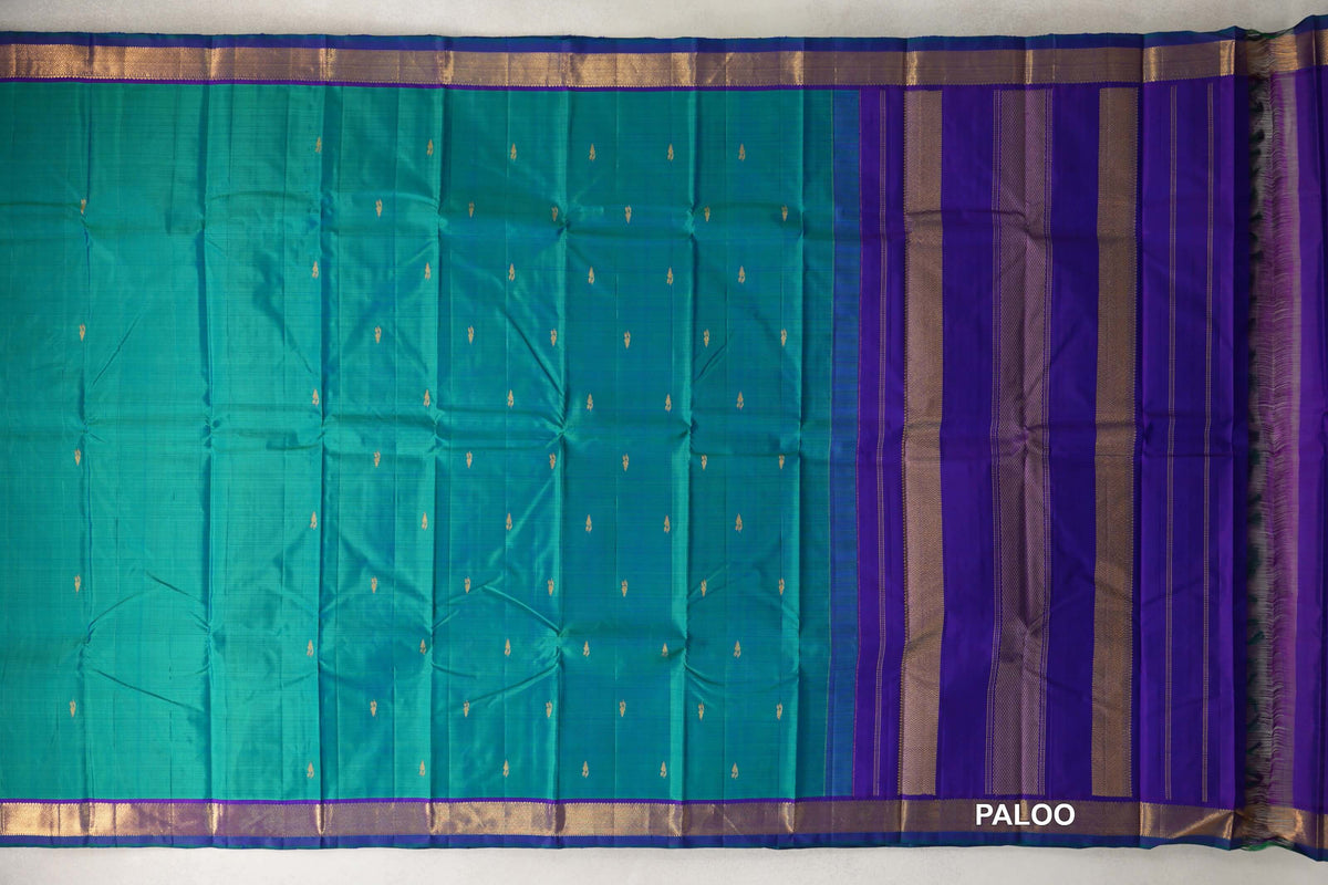 Dual Tone of Green and Blue with Violet Purple with Dark Bottle Green Selvedge Borders Vintage Kanjivaram Silk Saree paloo