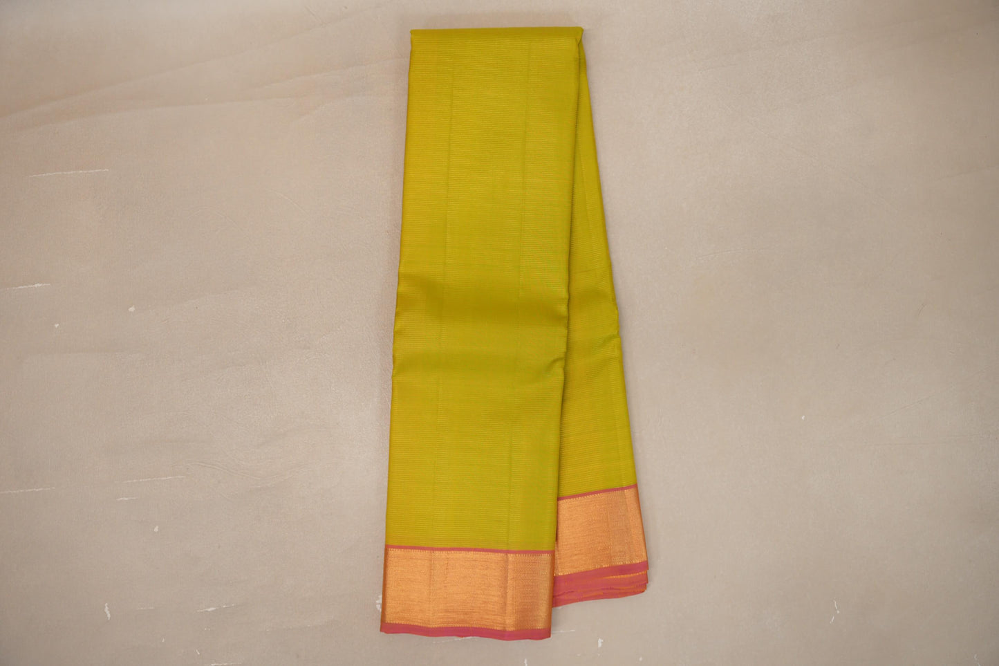 Online Yellowish Green with Dual Tone of Yellow and Pink Borders Vintage Kanjivaram Silk Saree