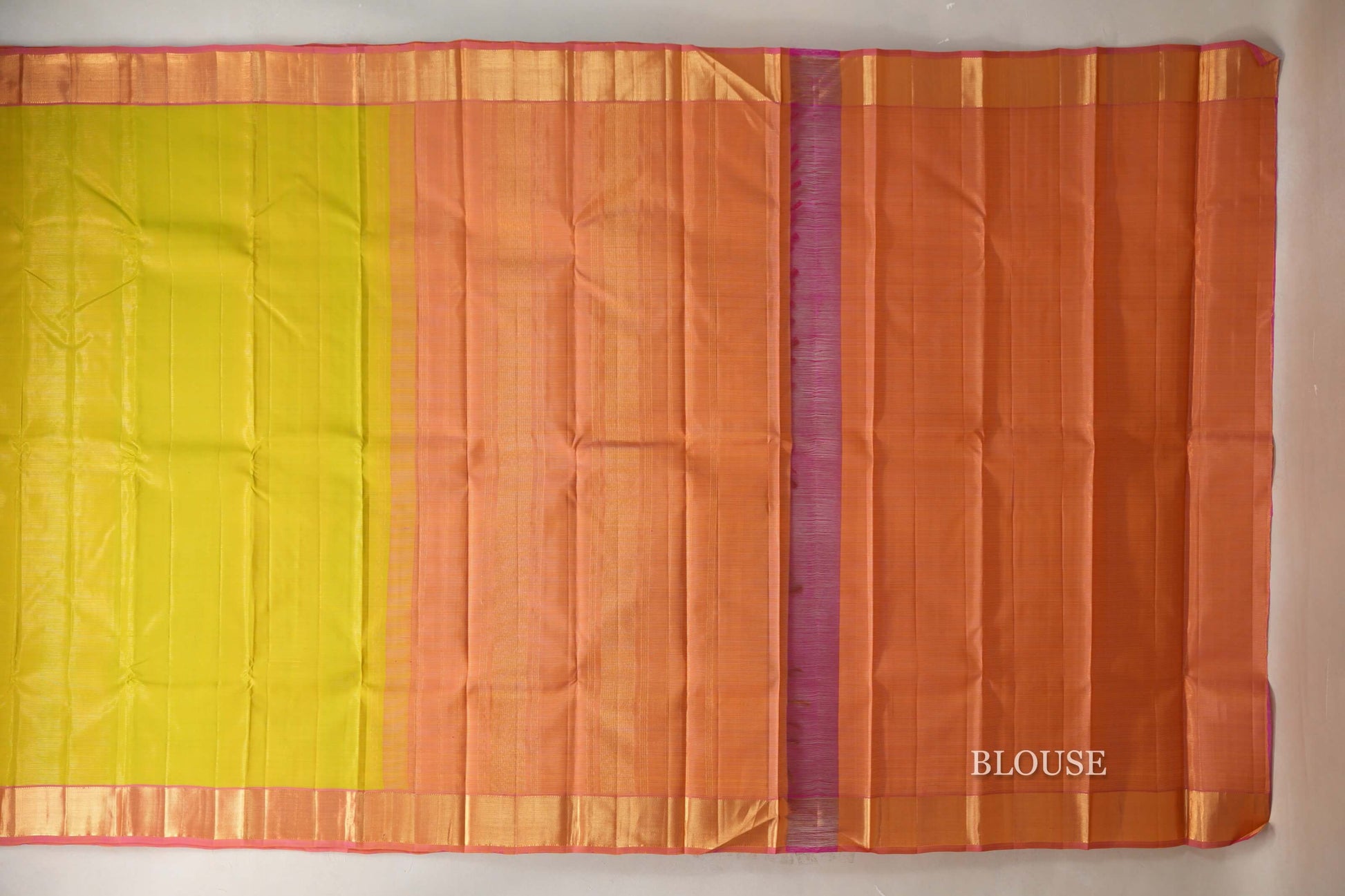 Yellowish Green with Dual Tone of Yellow and Pink Borders Vintage Kanjivaram Silk Saree blouse