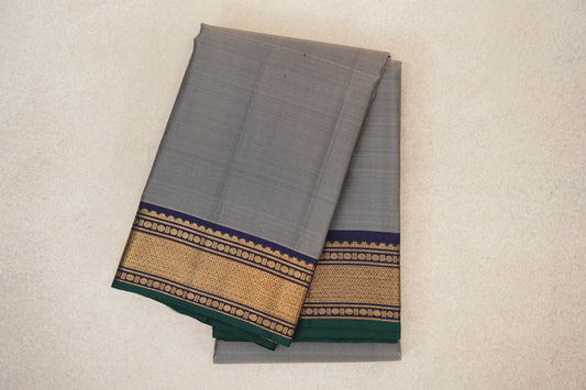 Olive Grey with Navy Blue with Dark Green Selvedge Borders Vintage Kanjivaram Silk Saree