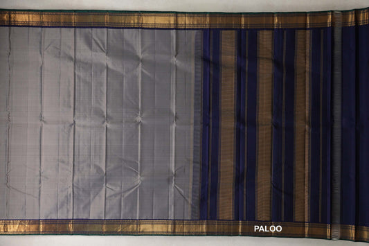 Olive Grey with Navy Blue with Dark Green Selvedge Borders Vintage Kanjivaram Silk Saree paloo
