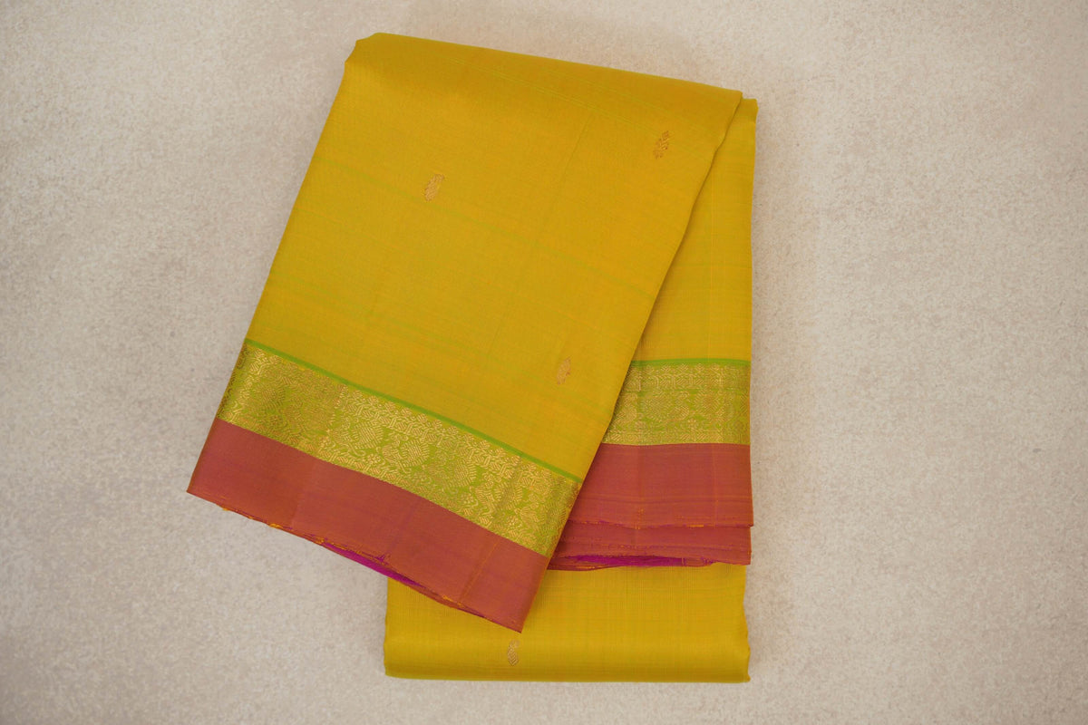 Lemon Yellow with Bright Parrot Green with Dual Tone of Pink and Yellow Selvedge Borders Vintage Kanjivaram Silk Saree
