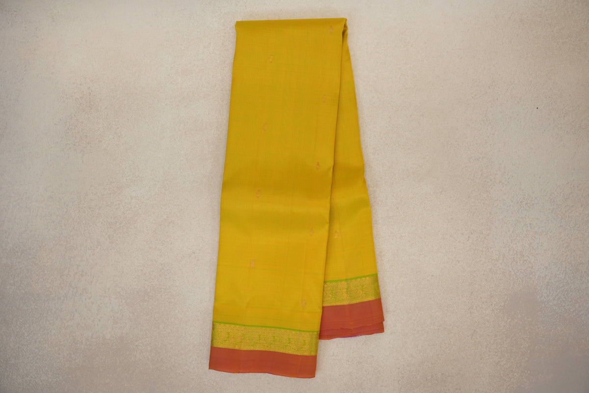 Online Lemon Yellow with Bright Parrot Green with Dual Tone of Pink and Yellow Selvedge Borders Vintage Kanjivaram Silk Saree